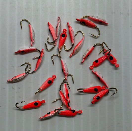 MOON STYLE ICE JIGS Flo Red / Pearl Back Size 10 24 Piece / $.72 Each!