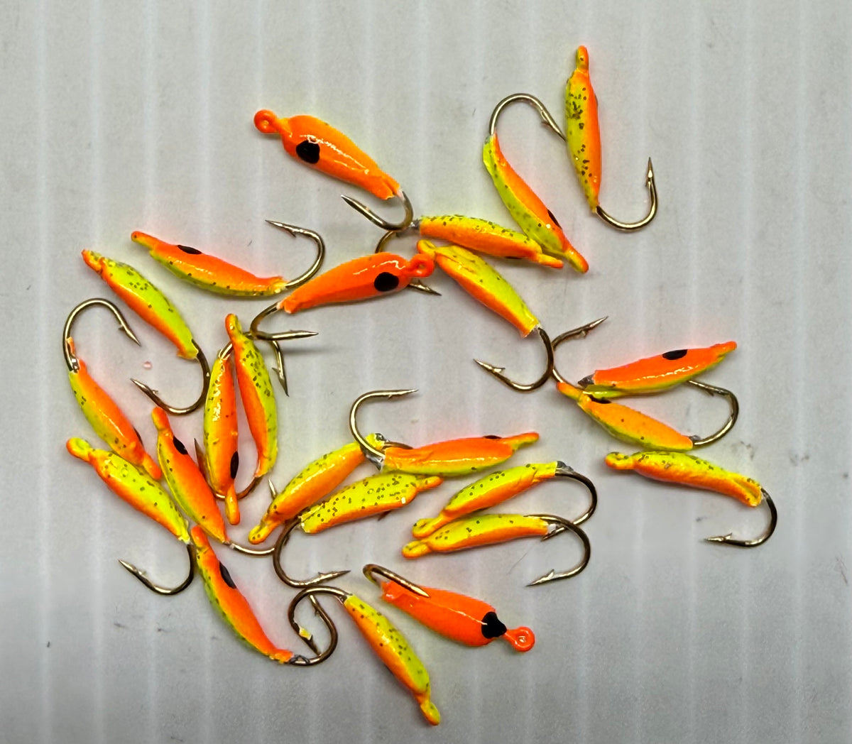 MOON STYLE ICE JIGS Flo Orange / Chartreuse back Size 10 24 Piece / $.72 Each!