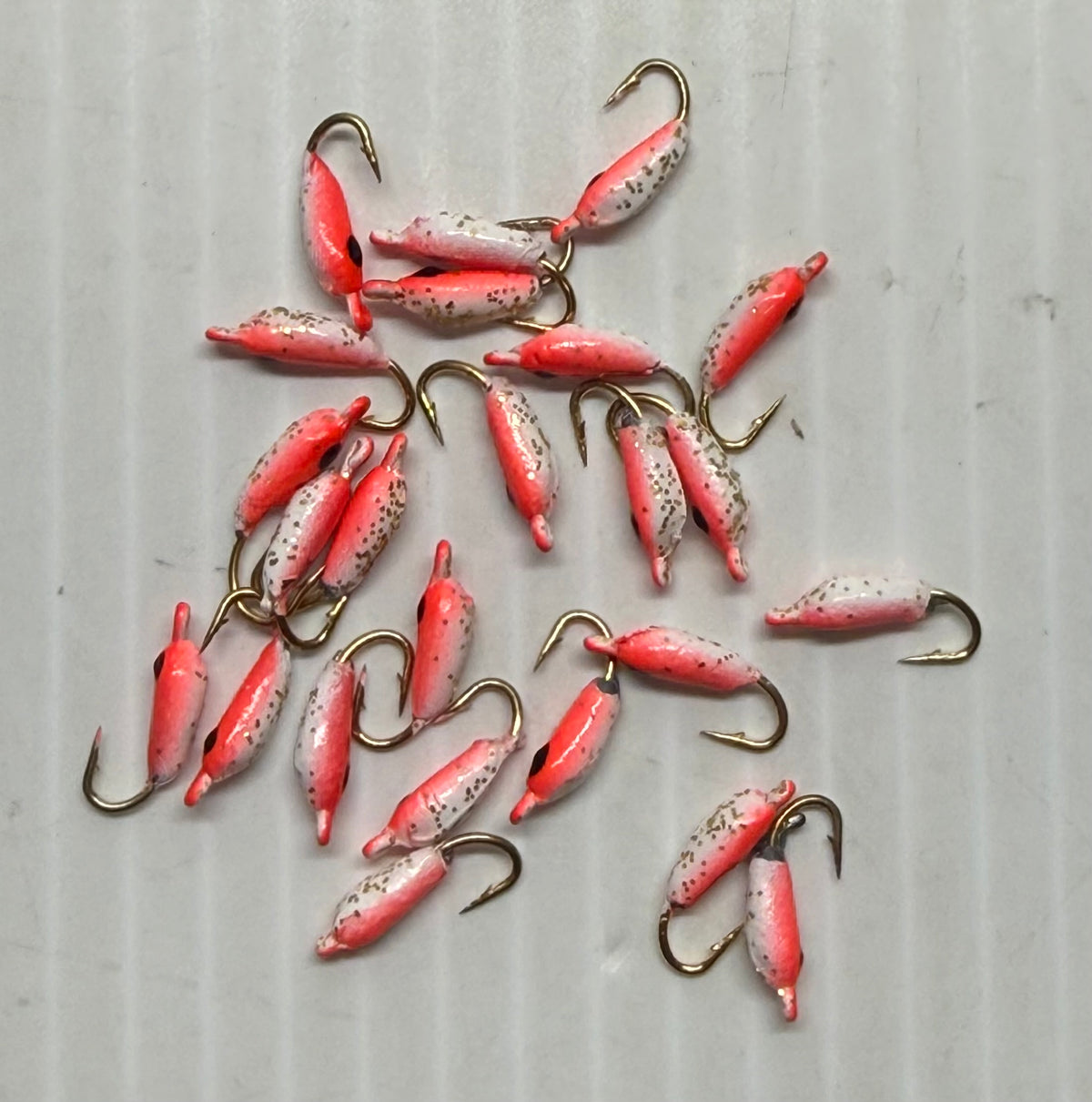 MOON STYLE ICE JIGS Flo Red /  Pearl Back Size 12 24 Piece / $.72 Each!