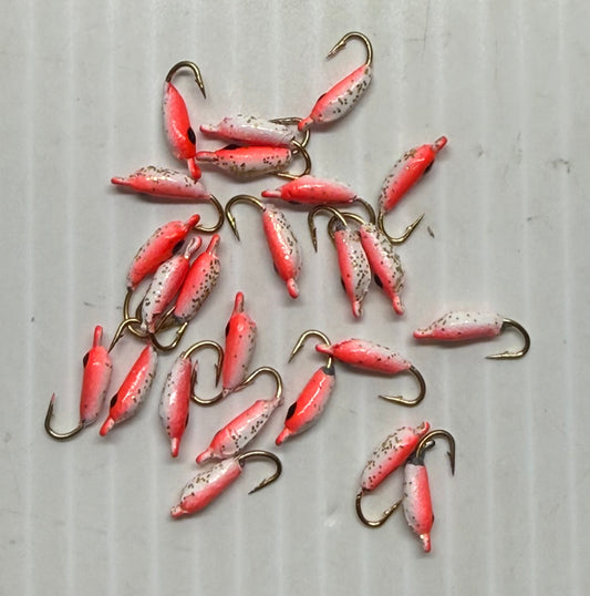 MOON STYLE ICE JIGS Flo Red /  Pearl Back Size 12 24 Piece / $.72 Each!