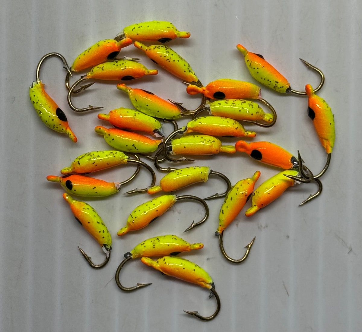 MOON STYLE ICE JIGS Flo Orange / Chartreuse back Size 12 24 Piece / $.72 Each!