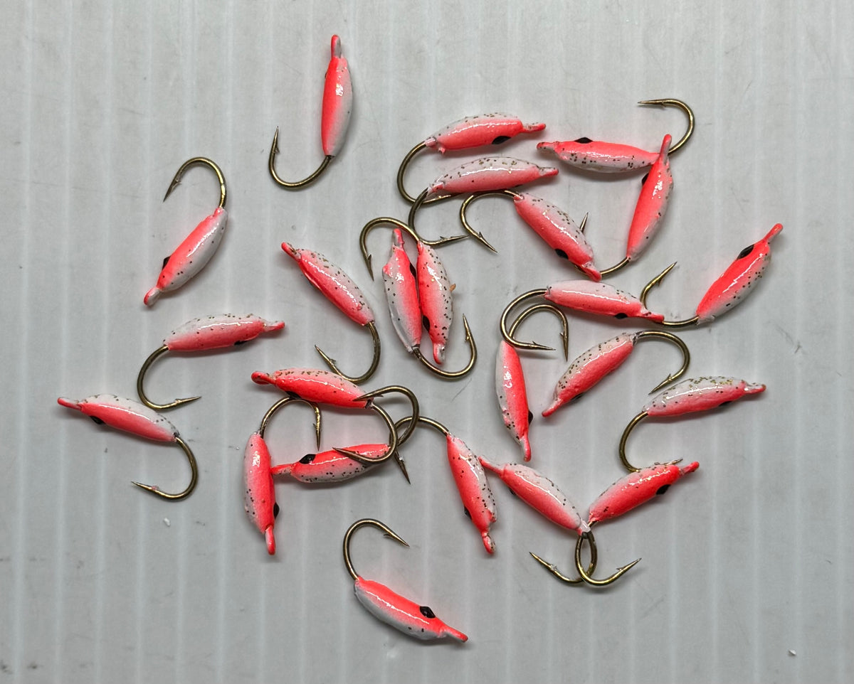 MOON STYLE ICE JIGS Flo Red / Pearl Back Size 8 24 Piece / $.72 Each!