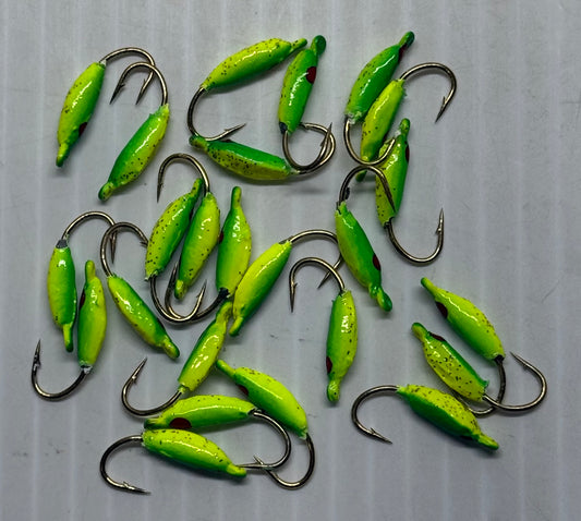 MOON STYLE ICE JIGS Flo Green / Chartreuse Back Size 8 24 Piece / $.72 Each!