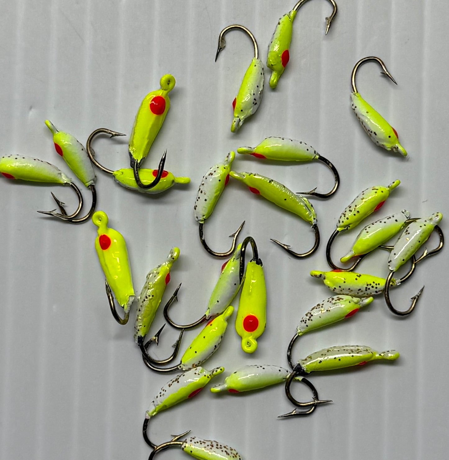 MOON STYLE ICE JIGS CHARTRUSE/PEARL Size 12 24 Piece / $.72 Each!