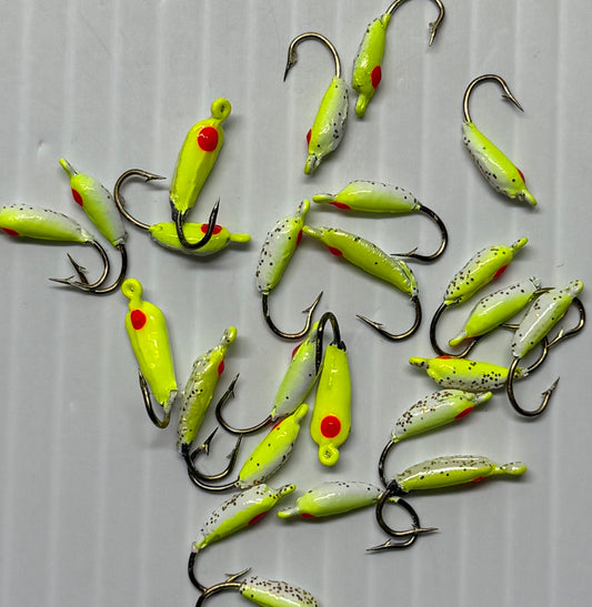 MOON STYLE ICE JIGS CHARTRUSE/PEARL Size 12 24 Piece / $.72 Each!